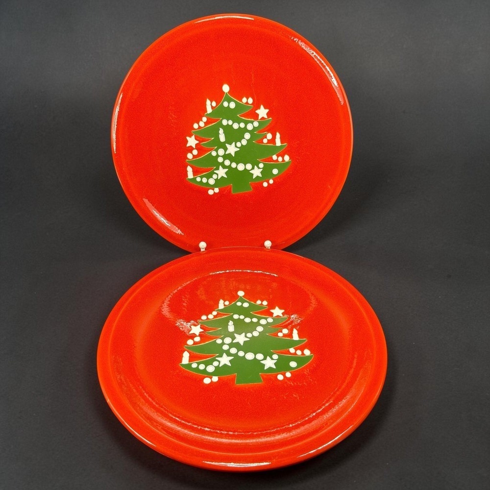 Waechtersbach Germany Christmas Tree Dishes Plates Set 2 Red Orange Glaze 10"